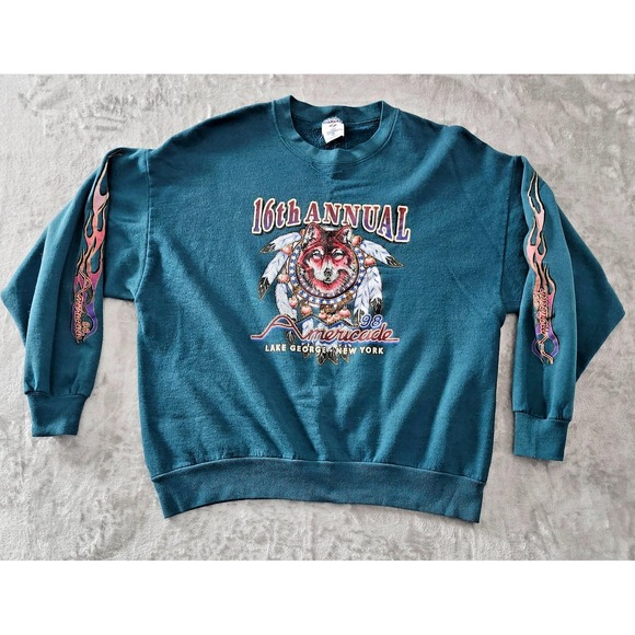 Jerzees Other - Vintage 90s Jerzees Sweatshirt Wolf Feathers Sleeve Print Flames Nublend 2XL USA